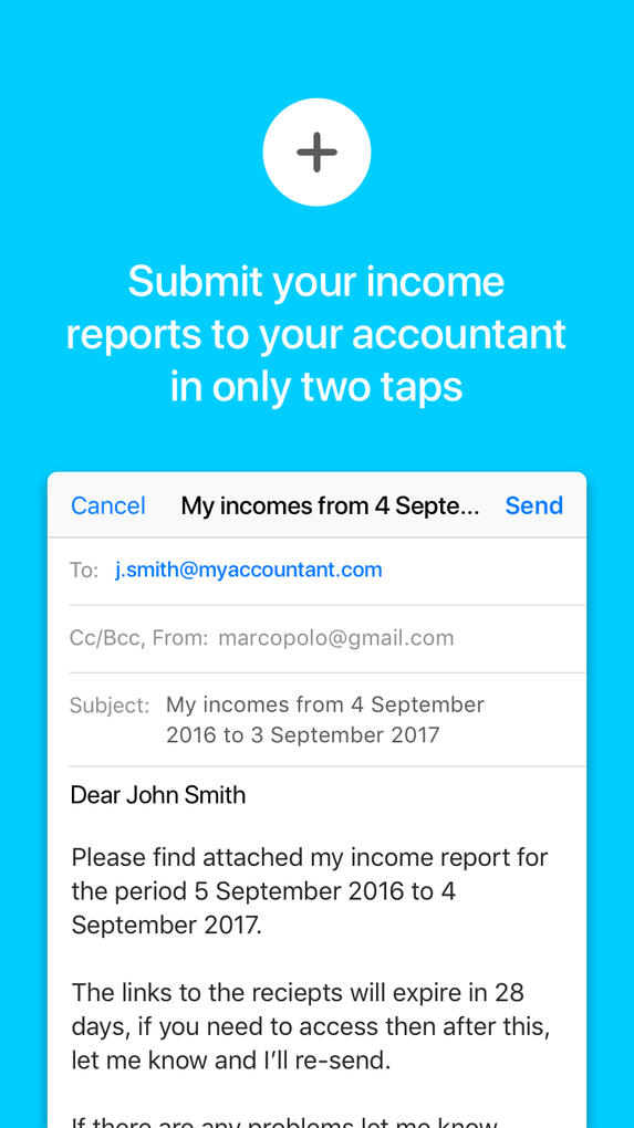 Submit your income reports to you accountant in only 2 taps